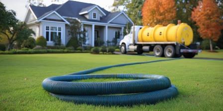 Residential septic service truck at customer property